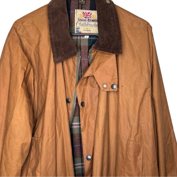 Vintage Castlebrooke Made in England Waxed Cotton Jacket Wool Blend Lining Sz L - Picture 2 of 9
